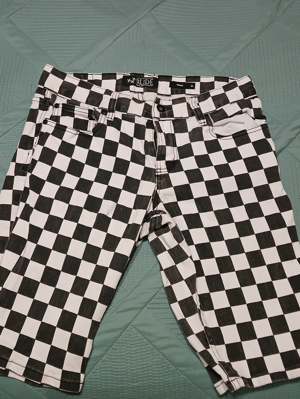 XXX RUDE Black & White Checkerboard Jeans Denim Retro 32" PUNK